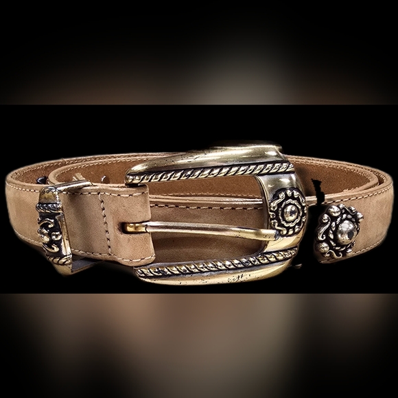 Brighton Accessories - Brighton Beige Leather Belt with Ornate Gold-Tone Buckle